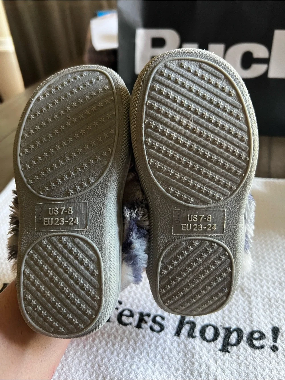 dearfoams Kids Gray Faux-Fur Clog Slippers with Patterned Trim